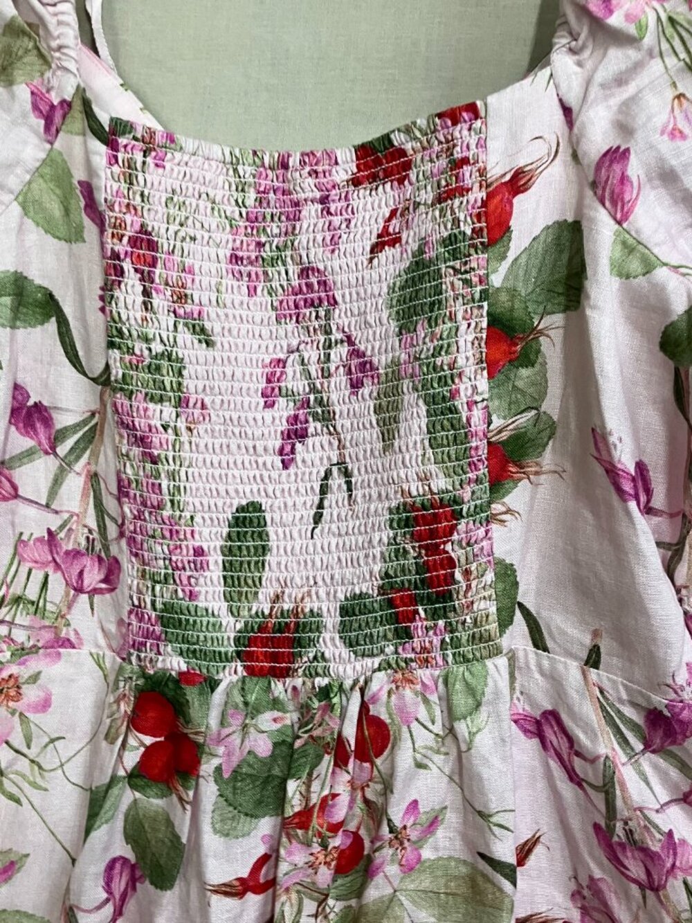 & Other Stories Midi Dress Women's Size 10 Pink Floral Linen Puff Sleeves - Picture 8 of 11